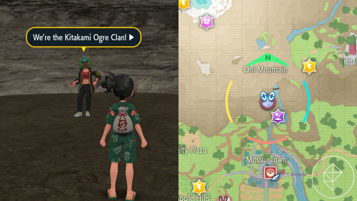 A Pokémon trainer faces a masked woman in a cave in Pokémon Scarlet&nbsp;and&nbsp;Violet:&nbsp;The Teal Mask,