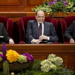 President Thomas S. Monson and his Counselors Henry B. Eyring and Dieter F. Uchtdorf get seated and ready on the stand prior to the start of the morning session of 183 annual General Conference of the Church of Jesus Christ of Latter Day Saints Saturday, April 6, 2013 inside the Conference Center.