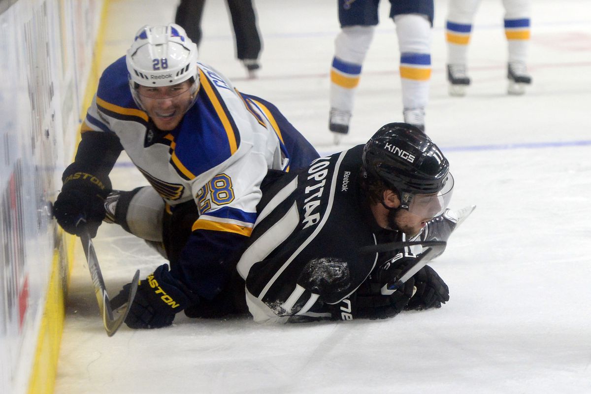 Above: Ian Cole's best defensive play of the night: simply laying on Anze Kopitar. 