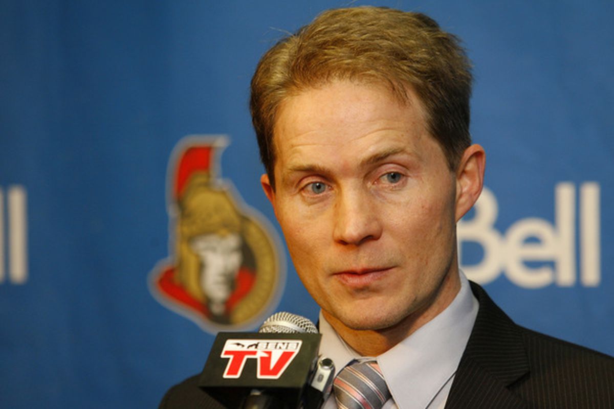 OTTAWA ON - DECEMBER 13:  Coach Cory Clouston of the Ottawa Senators answers questions from the media after a loss to the Atlanta Thrashers at Scotiabank Place on December 13 2010 in Ottawa Canada.  (Photo by Phillip MacCallum/Getty Images)