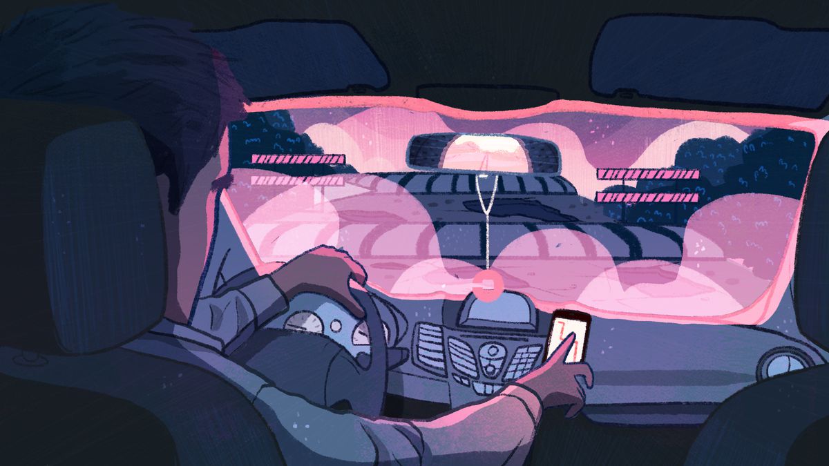 An illustration of a ride-share driver behind the wheel of a car.