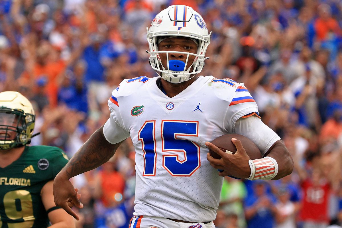 Anthony Richardson of the Florida Gators rushes for a fourth quarter touchdown during a game against the South Florida Bulls at Raymond James Stadium on September 11, 2021 in Tampa, Florida.