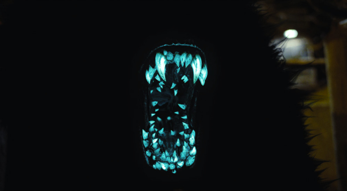 A mouth filled with blue glowing teeth set in the jaw of a jet black furry monster.