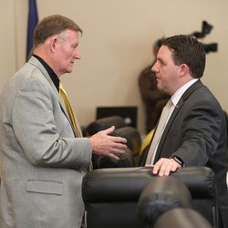 Senator Evan Vickers R-Cedar City, and Rep. Robert M. Spendlove, R-Sandy, talk as the House Health and Human Services committee meets at the Capitol in Salt Lake City on Monday, March 7, 2016. The panel voted down SB73, which would have allowed refined cannabis medication made with THC, the active compound in marijuana that causes the "high," for specific health conditions. The panel also voted to send HCR3, a resolution supporting cannabis research, and SB89, which would legalize cannabidiol for medical purposes, to the full House.
