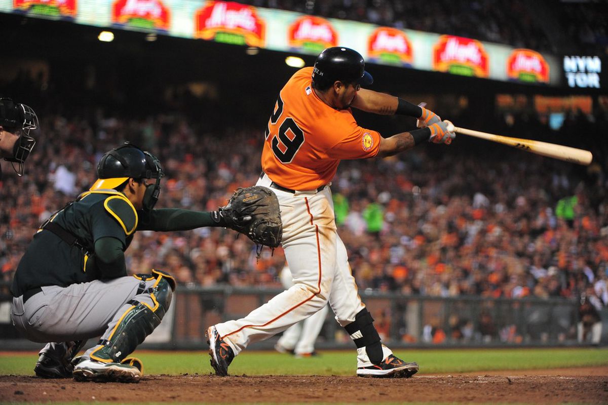 Exhibit A: Photograph of a Giants player being hit by a pitch in last night's game