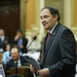 FILE - Gov. Gary Herbert speaks in the House of Representatives at the close of the legislature in Salt Lake City Friday, March 11, 2016.