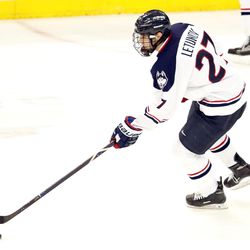 UConn's Maxim Letunov (27) during the Northeastern Huskies vs UConn Huskies men's college ice hockey game game at the XL Center in Hartford, CT  on November 28, 2017.