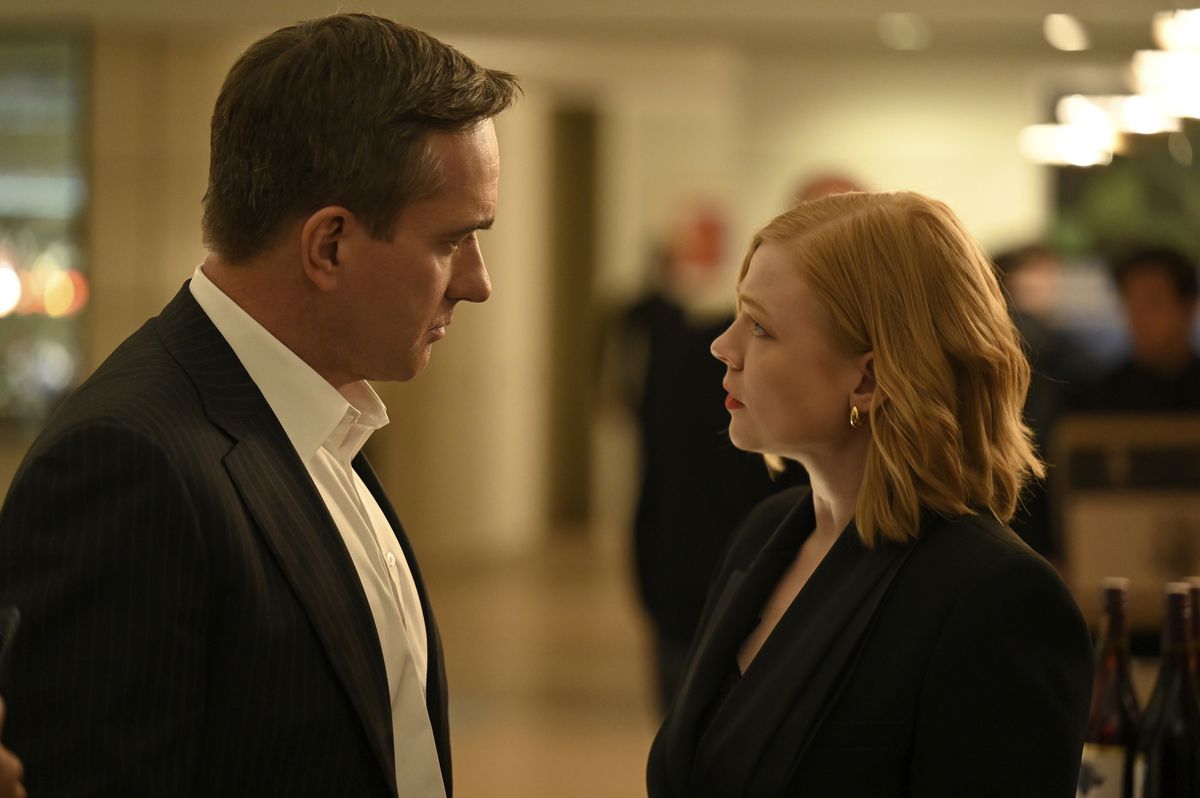 Tom (Matthew MacFayden) and Shiv (Sarah Snook) looking at each other tensely in a still from Succession episode 7