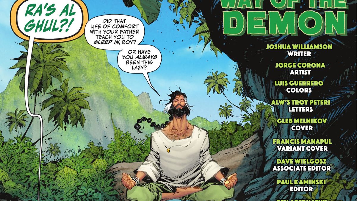Ra’s al Ghul sits in lotus position in a jungle. He’s wearing a lose white shirt, loose green pants, and has a full beard, with his waist-length hair tied back in a flowing braid in Robin #4 (2021). 