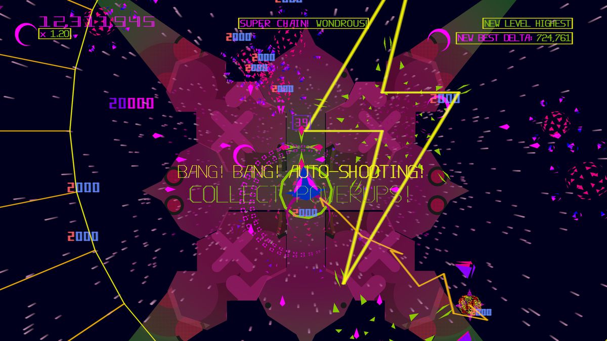 Over lots of colored shapes and particle effects text is overlaid “Bang! Bang! Auto-shooting! Collect Powerups!” in Akka Arrh