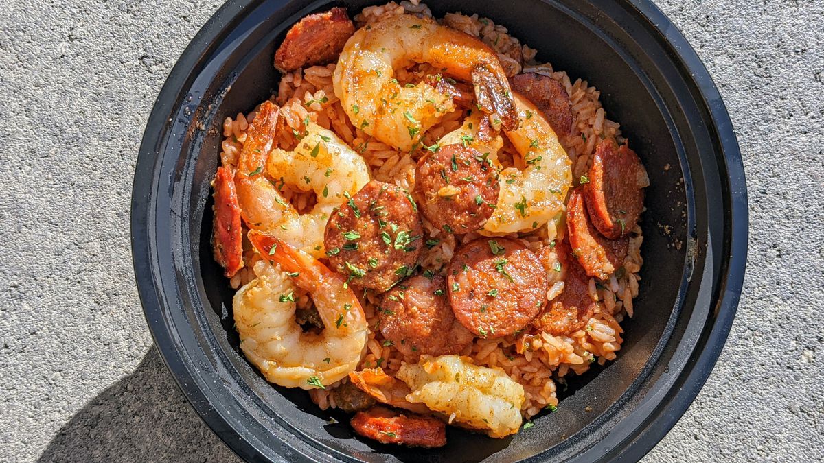 Jambalaya from Nola Creole and Cajun in BLVD Market in Montebello.