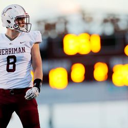 Herriman's Blake Freeland looks to the sideline as the Mustangs and Lone Peak play on Friday, Aug. 17, 2018.