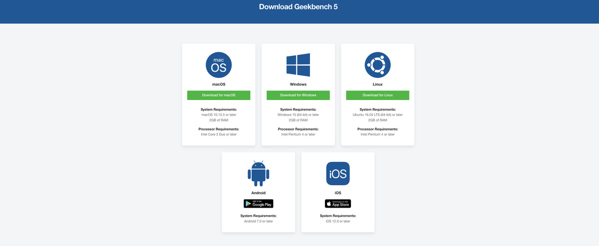 An screenshot of the Geekbench 5 download screen.
