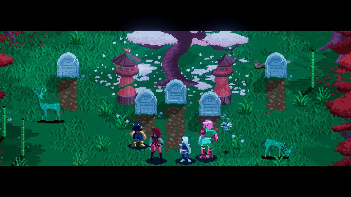 Unsighted characters looking at the graves of fallen friends