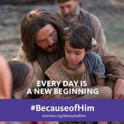 The Because of Him Easter initiative includes memes like this, each proclaiming the LDS Church's belief that Jesus Christ is the divine Son of God who overcame sorrow and death for men and women everywhere.