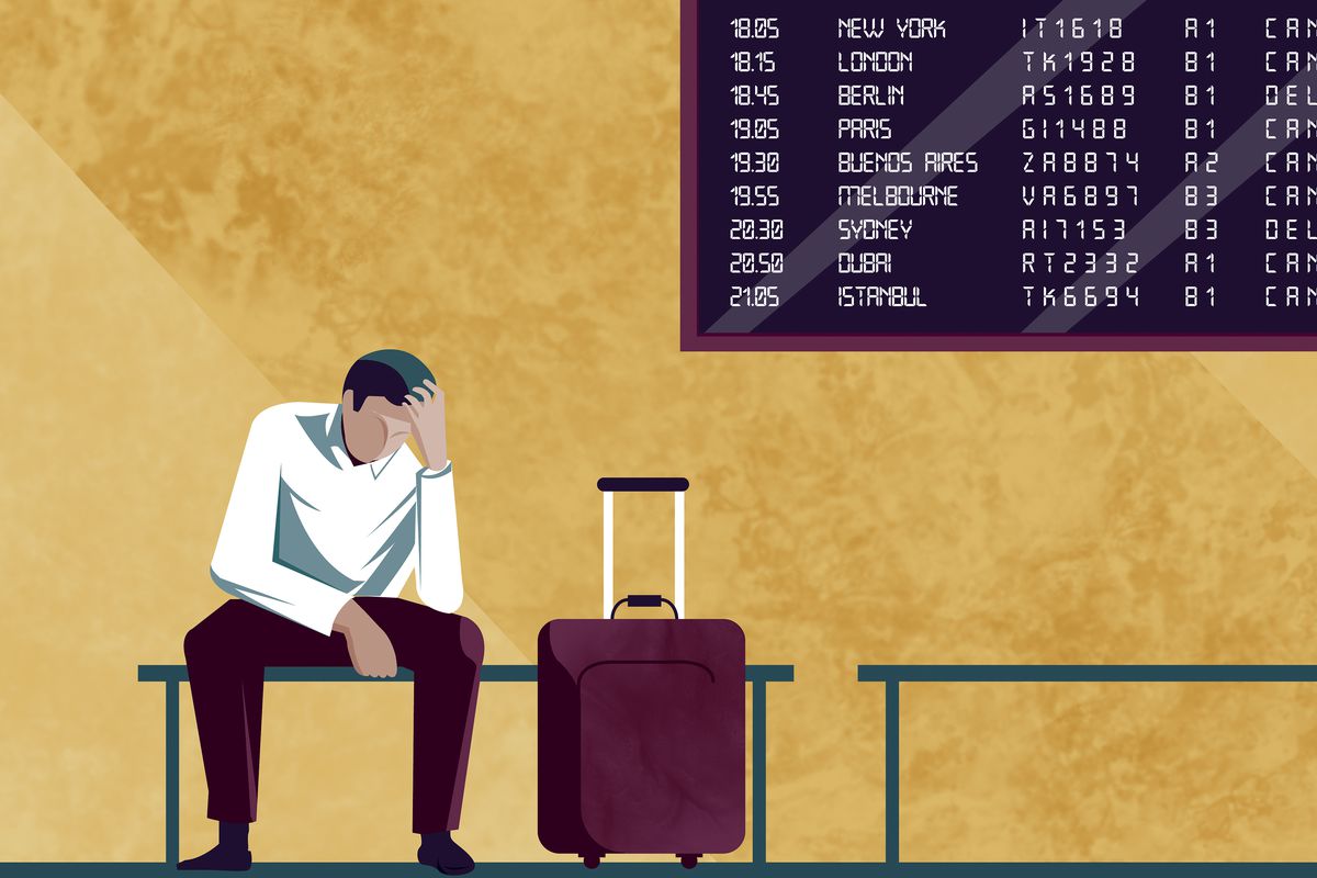 A graphic illustration of a man sitting on a bench at an airport, suitcase beside him and board with flight times above him. His head is in his hands.