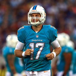 Aug 4, 2013; Canton, OH, USA; Miami Dolphins quarterback Ryan Tannehill (17) in the first quarter of the 2013 Pro Football Hall of Fame game against the Dallas Cowboys at Fawcett Stadium.