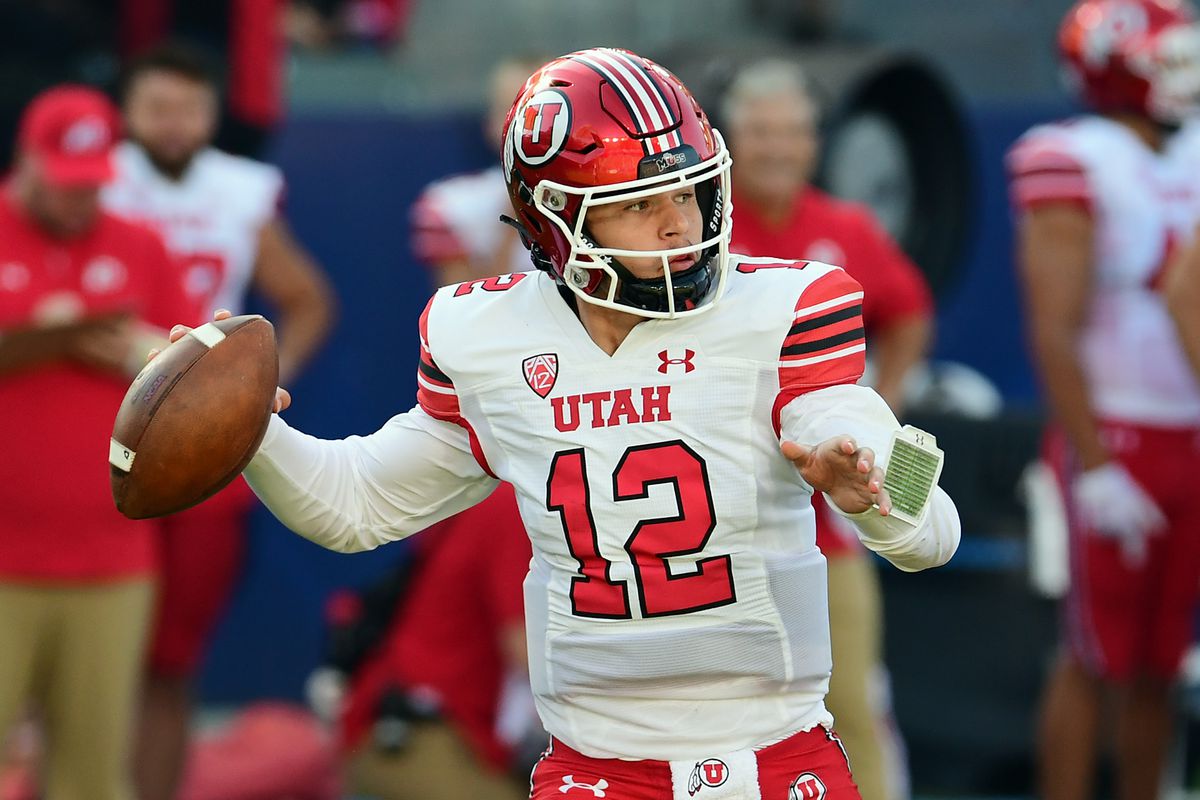 Utah Utes quarterback Charlie Brewer throws a pass during a college football game against the San Diego State Aztecs played on September 18, 2021 at Dignity Health Sports Park in Los Angeles, CA.