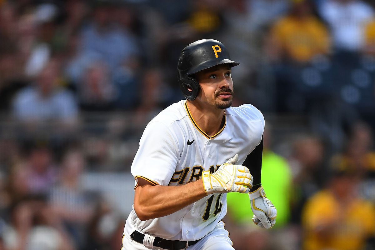 Bryan Reynolds #10 of the Pittsburgh Pirates in action during the game against the New York Yankees at PNC Park on July 5, 2022 in Pittsburgh, Pennsylvania.