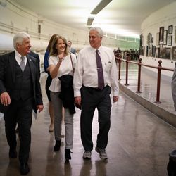 Rep. Rob Bishop, R-Utah, left, takes Jennie Taylor, behind, Tamara and Stephen Taylor on a tour through the basement of the U.S. Capitol in Washington, D.C., on Feb. 6, 2019. Jennie's husband Brent, son of Tamara and Stephen, was the former North Ogden mayor and major in the U.S. Army National Guard Brent Taylor who was killed in Afghanistan in November 2018.