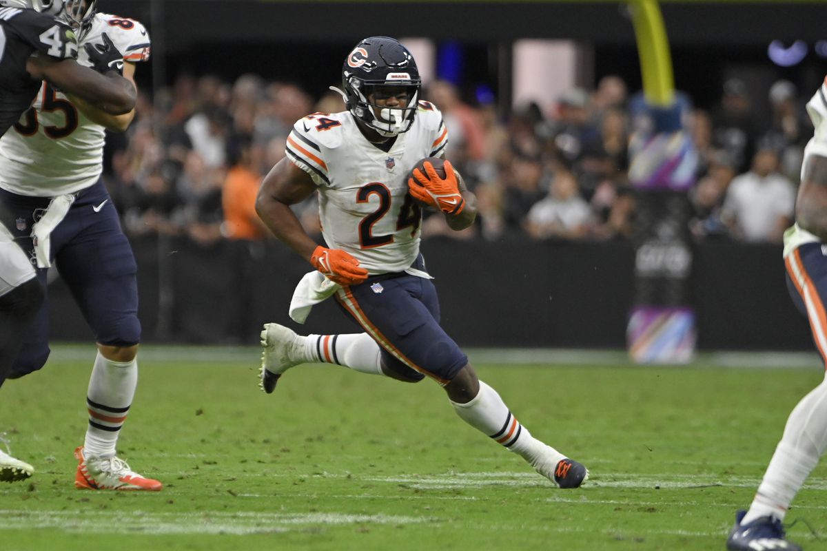 Rookie running back Khalil Herbert (24) had 18 carries for 75 yards in the Bears’ 20-9 victory over the Raiders on Sunday at Allegiant Stadium in Las Vegas.