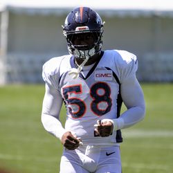 Linebacker Von Miller working with his position group at Broncos camp.