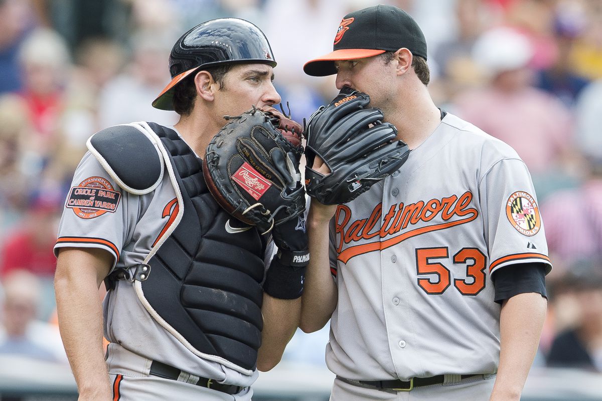 What do you suppose Teagarden and Britton are discussing in this photo? Maybe they will talk about it again tonight - they're your battery du jour. (Photo by Jason Miller/Getty Images)