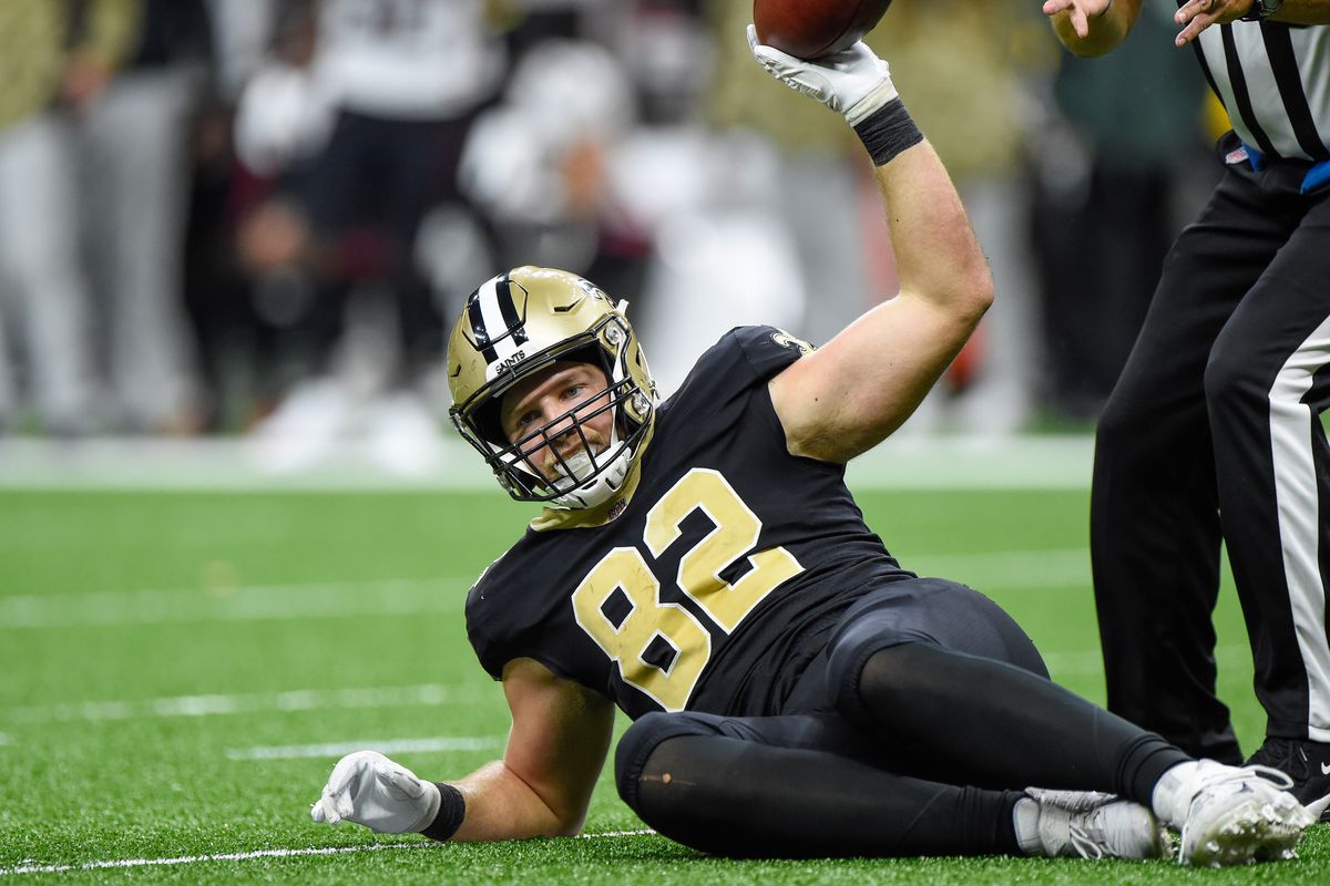 New Orleans Saints tight end Adam Trautman (82) requires medical attention after receiving a hard hit following a second half pass reception during the football game between the Atlanta Falcons and New Orleans Saints at Caesar’s Superdome on November 7, 2021 in New Orleans, LA.