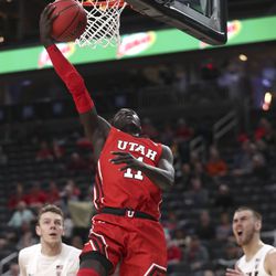 Utah Utes guard Both Gach (11) gets to the basket for a score during the first round of the Pac-12 men’s basketball tournament game against Oregon State at T-Mobile Arena in Las Vegas on Wednesday, March 11, 2020.