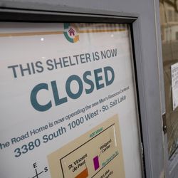 Signage pictured on Thursday, Nov. 21, 2019, indicates the Road Home shelter on Rio Grande Street in Salt Lake City is now closed.