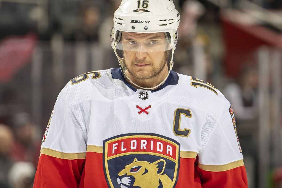 Aleksander Barkov of the Florida Panthers gets set for the face-off against the Detroit Red Wings during the first period of an NHL game at Little Caesars Arena on April 17, 2022 in Detroit, Michigan.