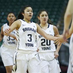 Brigham Young Cougars guard Kylie Maeda (3) celebrates the win over the Pepperdine Waves during the WCC tournament in Las Vegas Friday, March 4, 2016. BYU won 72-59. 