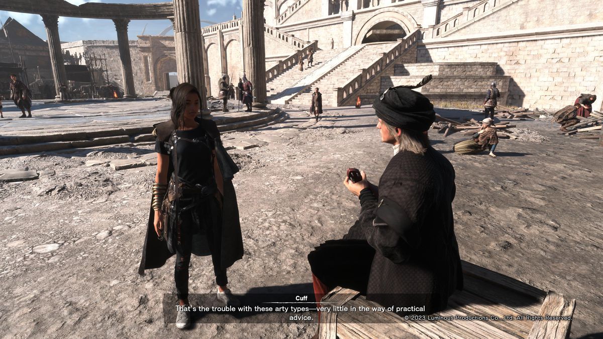 Frey will talk to an NPC in the open world of Forspoken.