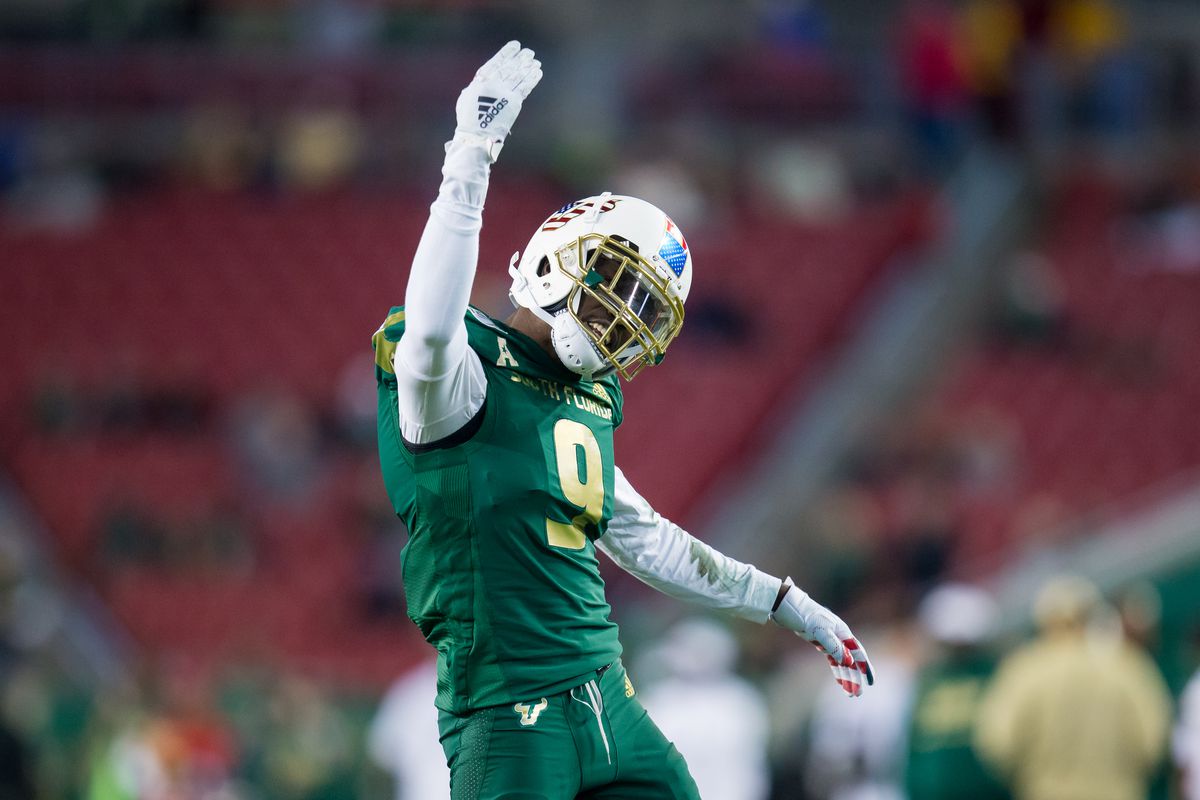 University of South Florida defensive back KJ Sails interacts with fans during the South Florida Bulls game versus the Cincinnati Bearcats on November 16, 2019 at Raymond James Stadium in Tampa, FL.