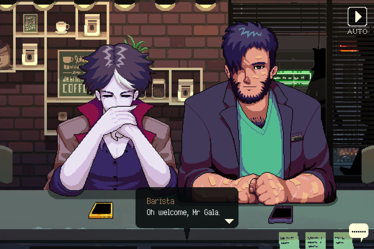 A vampire and a werewolf sitting at the counter in a coffee shop.