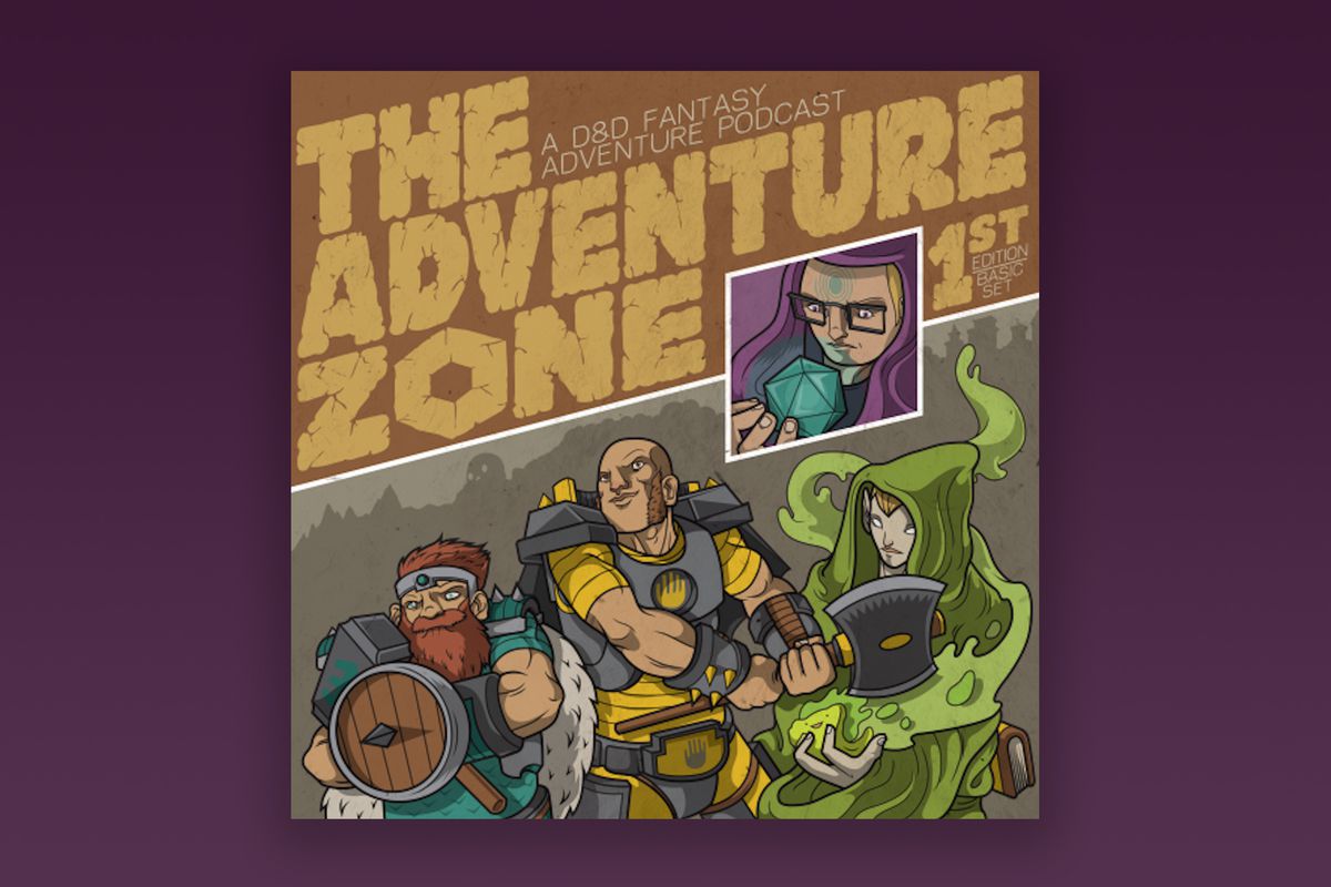 An illustration of Griffin, Merle, Magnus, and Taako. The top third of the image says “The Adventure Zone: A D&amp;D fantasy adventure podcast”. Between the title and the player characters is an Griffin in purple robes with blue circles on his forehead holding a d20. Below, Merle, Magnus, and Takao stand ready for battle. The illustration is on a dark to light purple gradient background.
