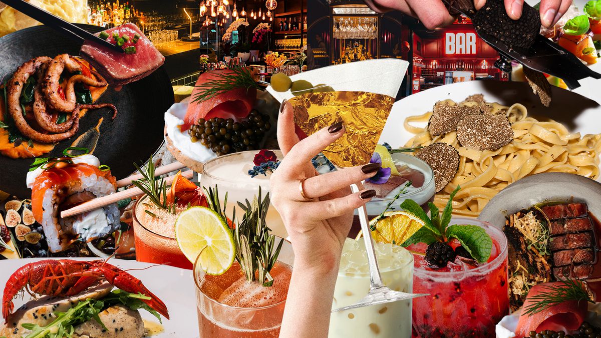 一幅拼贴画，展示了精致的鸡尾酒、鱼子酱、和牛、松露面食和炫目的餐厅内饰。