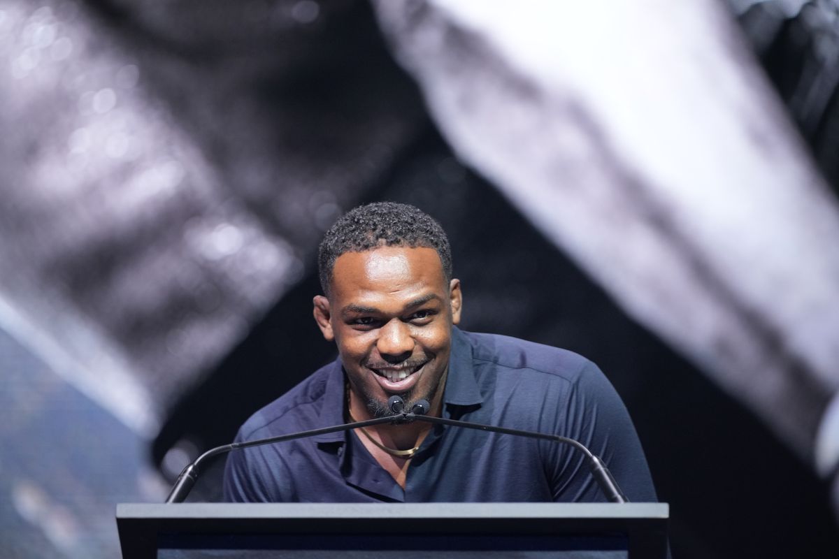 Jon Jones addresses the audience during the 2021 UFC Hall of Fame induction ceremony last September. 