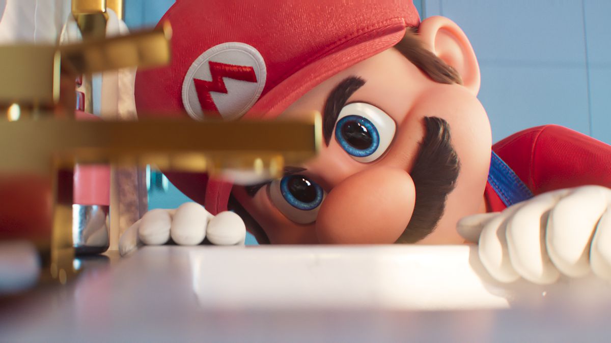 Mario eyeballing a faucet in the foreground in The Super Mario Bros. Movie.