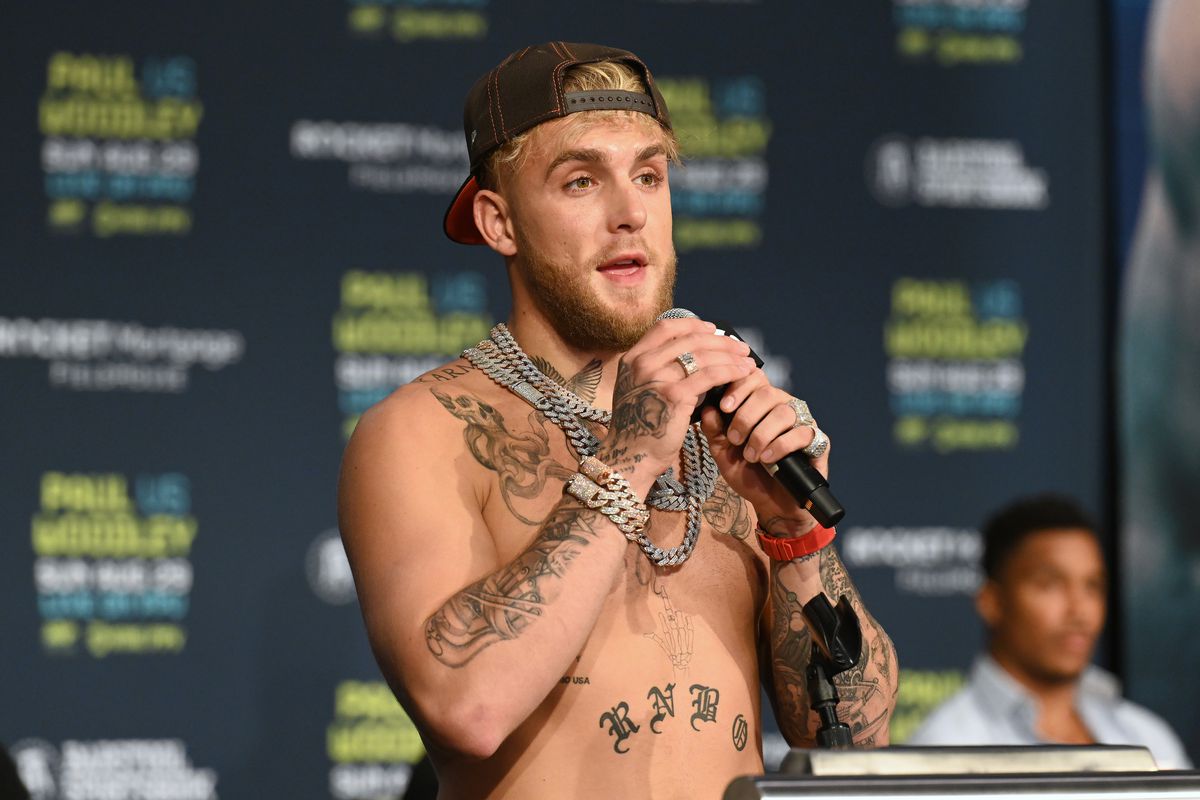 Jake Paul answers questions during a press conference prior to his August 29 fight with Tyron Woodley on August 26, 2021 in Cleveland, Ohio.