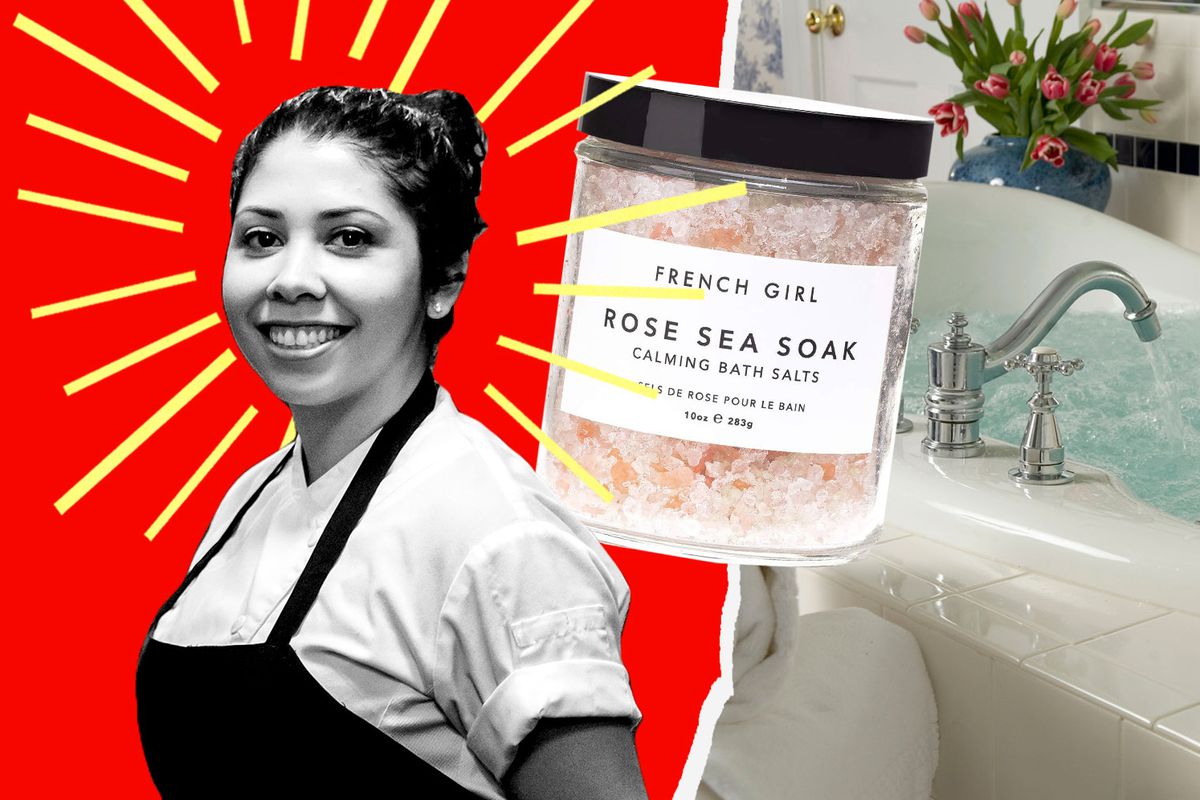 A photo illustration of black-and-white portrait of a woman, Claudia Martinez, on a red background; a jar of pink bath salts, and a photo of a bath tub filling with water. 
