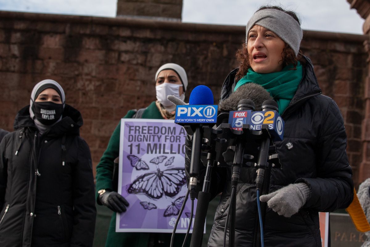 Immigrant Affairs Commissioner Bitta Mostofi speaks at Battery Park about needed immigration reform, Jan. 21, 2021.