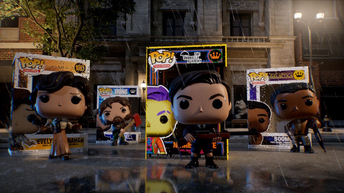 Funko Pop versions of Evelyn&nbsp;Carnahan from The Mummy, RJ Macready from The Thing, Number Five from The Umbrella Academy, and Boomer from Battlestar Galactica stand armed and ready in a rainy scene from Funko Fusion