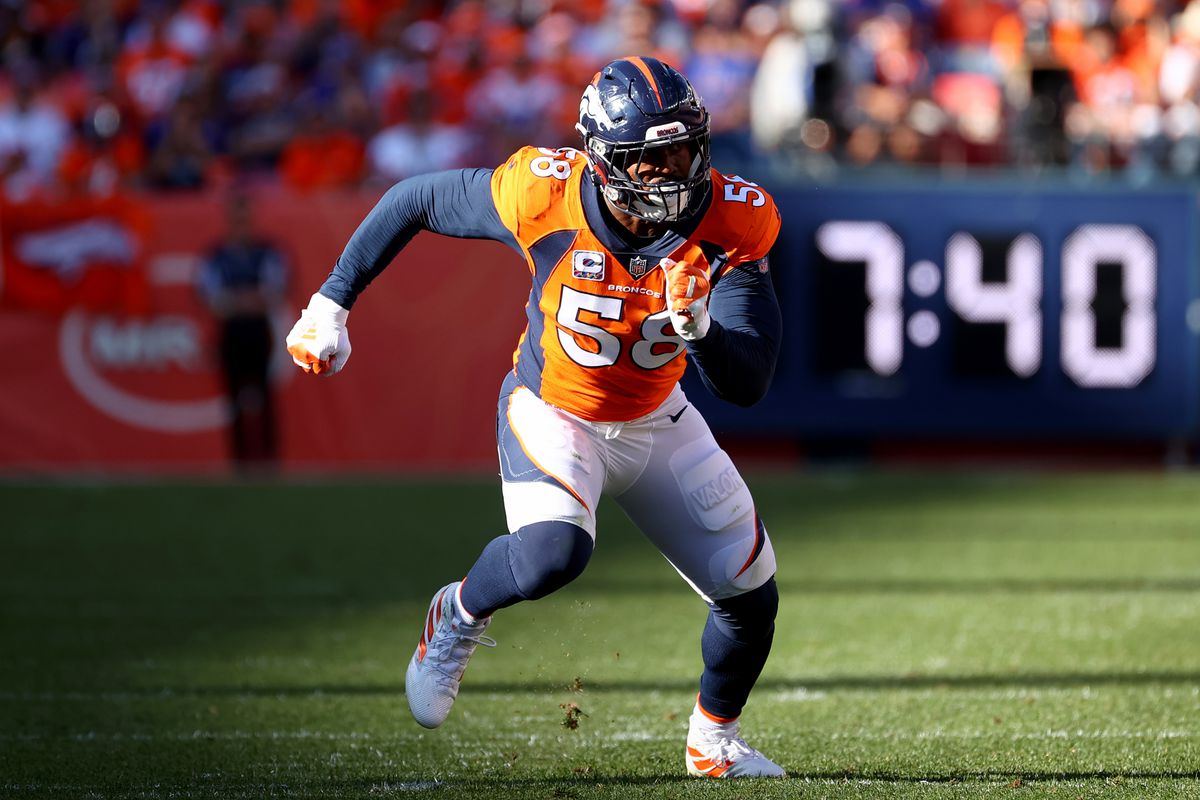Von Miller #58 of the Denver Broncos rushes the quarterback against the Baltimore Ravens at Empower Field At Mile High on October 3, 2021 in Denver, Colorado.