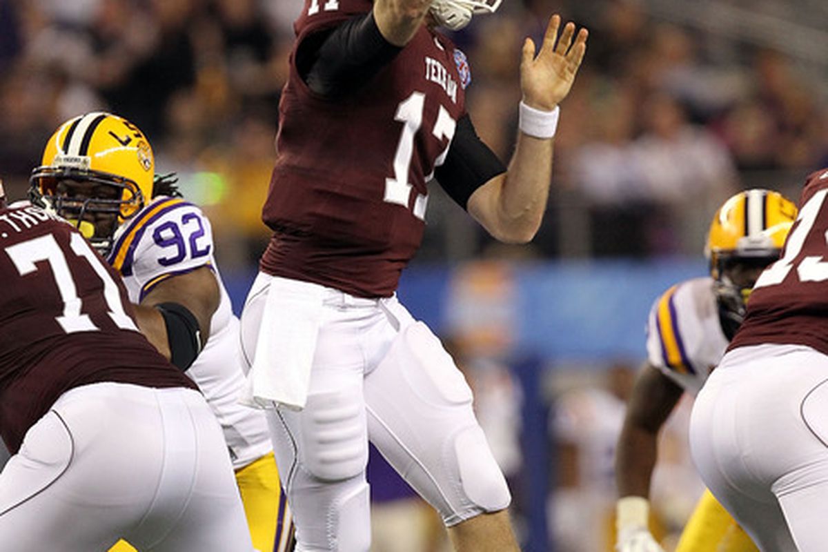 ARLINGTON TX - JANUARY 07:  Quarterback Ryan Tannehill #17 of the Texas A&M Aggies throws against the LSU Tigers during the AT&T Cotton Bowl at Cowboys Stadium on January 7 2011 in Arlington Texas.  (Photo by Ronald Martinez/Getty Images)