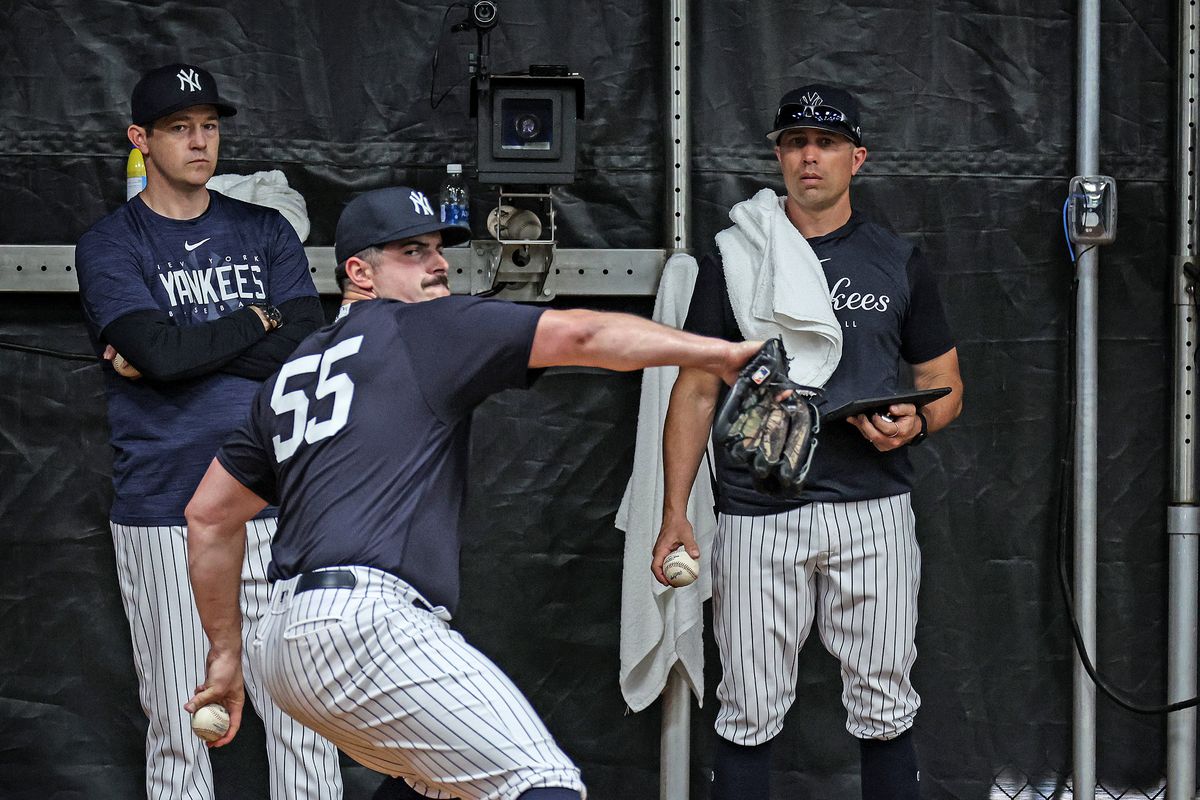 New York Yankees Carlos Rodon throwing a spring training bullpen session in Tampa