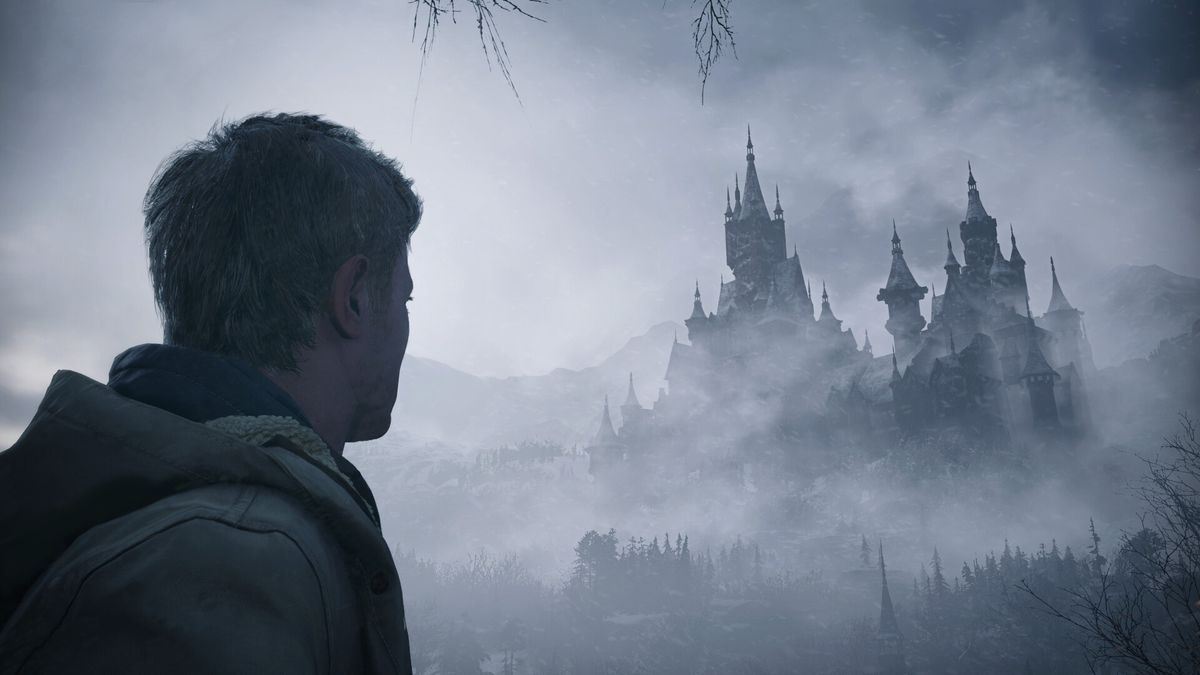 Shown in Resident Evil Village Winters’ Expansion, Ethan looks up at Castle Dimitrescu as it’s shrouded in fog