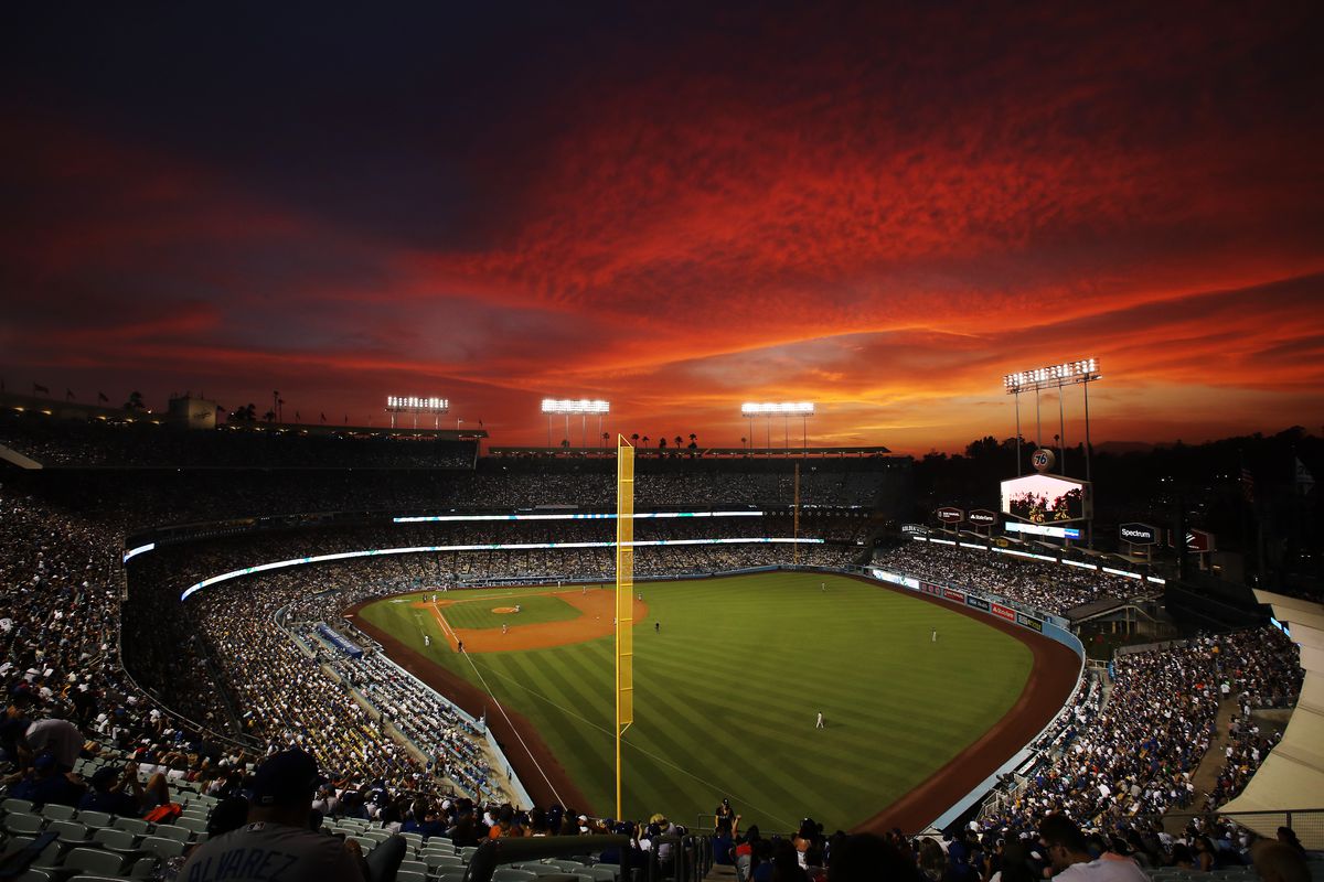 A general view during the game between the Los Angeles Dodgers and the San Francisco Giants at Dodger Stadium on July 22, 2021 in Los Angeles, California.