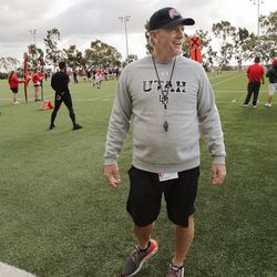 Utah Utes head coach Kyle Whittingham chats with reporters during practice for the upcoming Rose Bowl game against Ohio State at Dignity Health Sports Park in Carson, Calif., on Tuesday, Dec. 28, 2021.