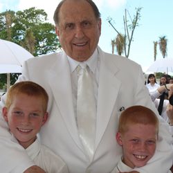 Jacob and Jonathan Lowry were among the children President Thomas S. Monson called upon to place mortar on the Cebu City Philippines Temple's symbolic cornerstone on Sunday, June, 13, 2010.